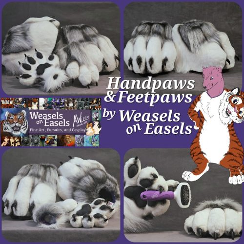 Collage of images depicting Silver and grey feet paws and handpaws for a fursuit. Text in the middle saying: Handpaws and Feetpaws by Weasels on Easels